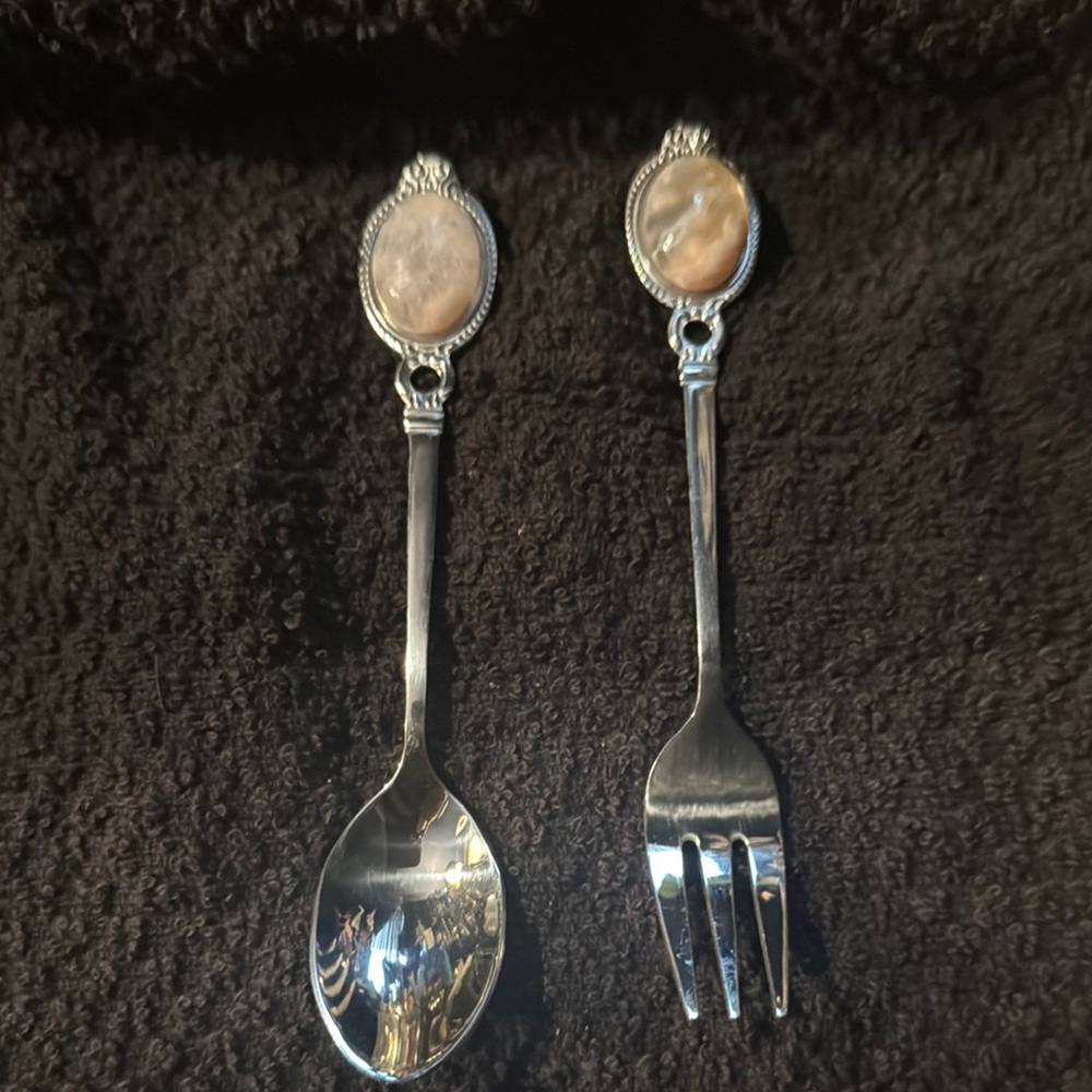 Silver Spoon and Fork Set with Stone Accents